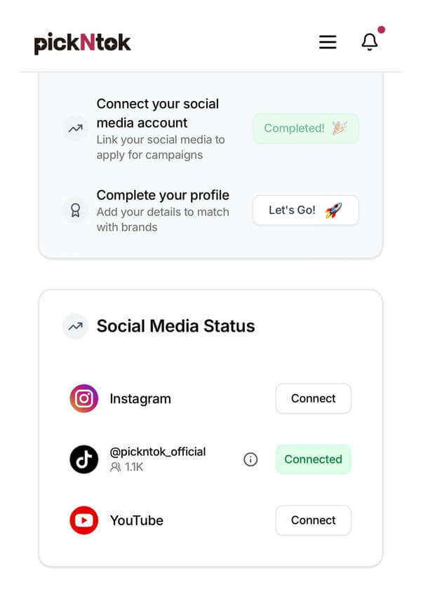 Successfully connected! Your account is now ready for campaign applications.